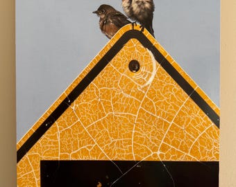 Bluebirds on sign photograph mounted on wooden panel