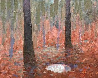 Maine forest landscape after rain, "Reflections on the Trail"
