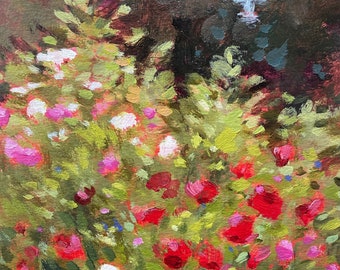 Original painting with red poppies and wildflowers, "Rebecca's Garden II"