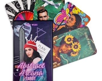 May include: A deck of tarot cards with colorful abstract designs. The cards feature a variety of images, including a woman with a crown, a woman with sunflowers, and a man with a crown. The cards are titled "Abstract Arcana Tarot" and are by Kelly Weeks.