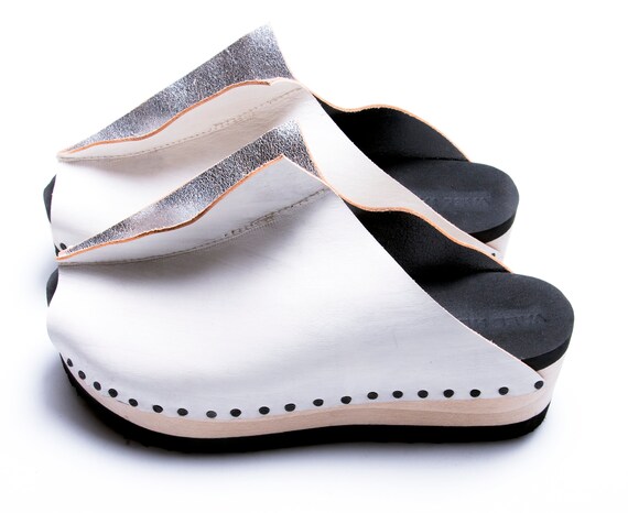White Paint On Silver Leather Platform Clogs Women S Etsy