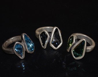 Silver Plated Vintage Ring with Swarovski Crystals, Spain Made, US 7.75