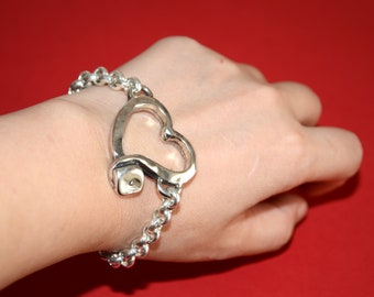 Thick silver plated chain bracelet-carved silvering irregular heart bracelet-uno de 50 style bracelet-adjustable chain bracelet