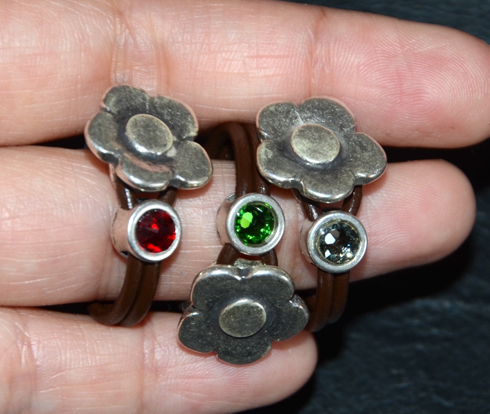 Silver Zamak Flower Ring, Leather Cord, Swarovski Crystal - Etsy