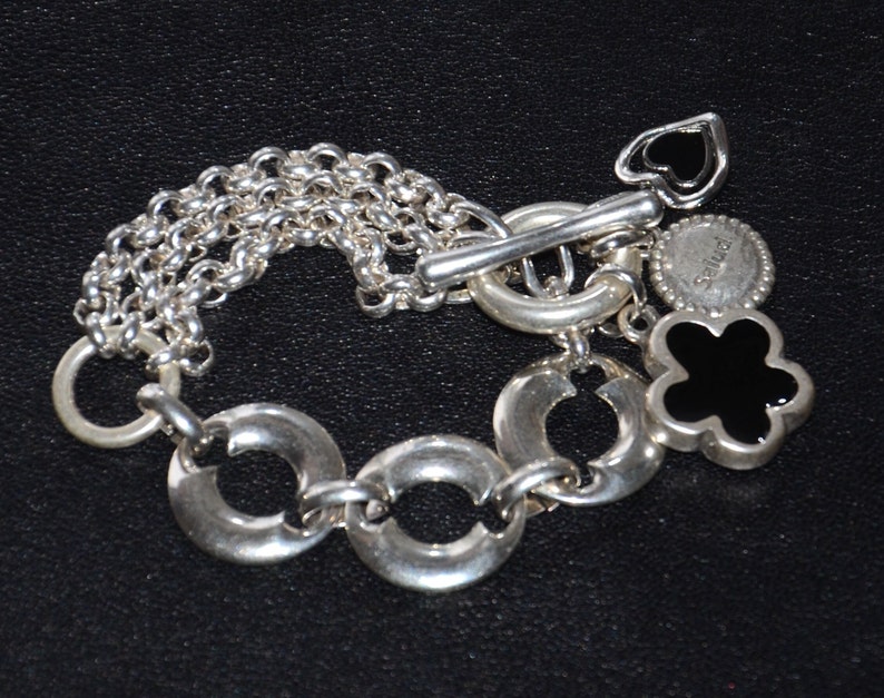 Chain bracelet-thick silver plated Zamak flower heart charm bracelet-red and black pink blue flower charm bracelet image 1