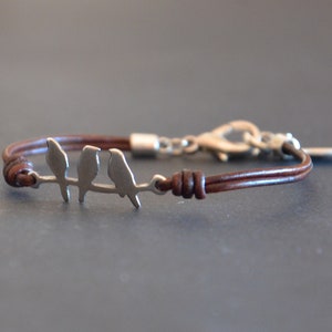 leather bracelet for women-thick silver filled zamak bracelet-three birds bracelet-vintage bracelet-minimalist bracelet-bar bracelet