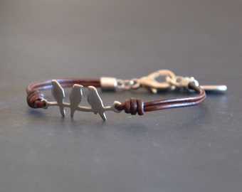 leather bracelet for women-thick silver filled zamak bracelet-three birds bracelet-vintage bracelet-minimalist bracelet-bar bracelet