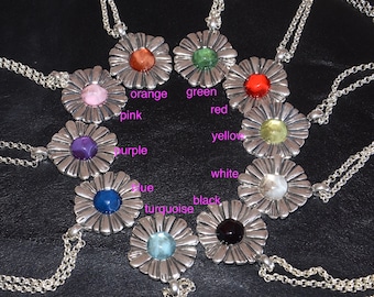 Thick silver plated chain necklace-resin inserted flower pendant-flower necklace-unique necklace