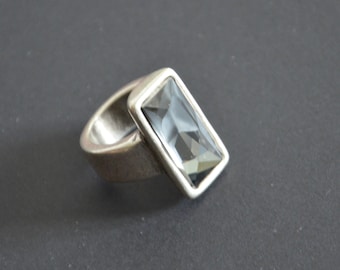Vintage Silver Plated Ring, Rectangular Swarovski Crystal, Size 7.5