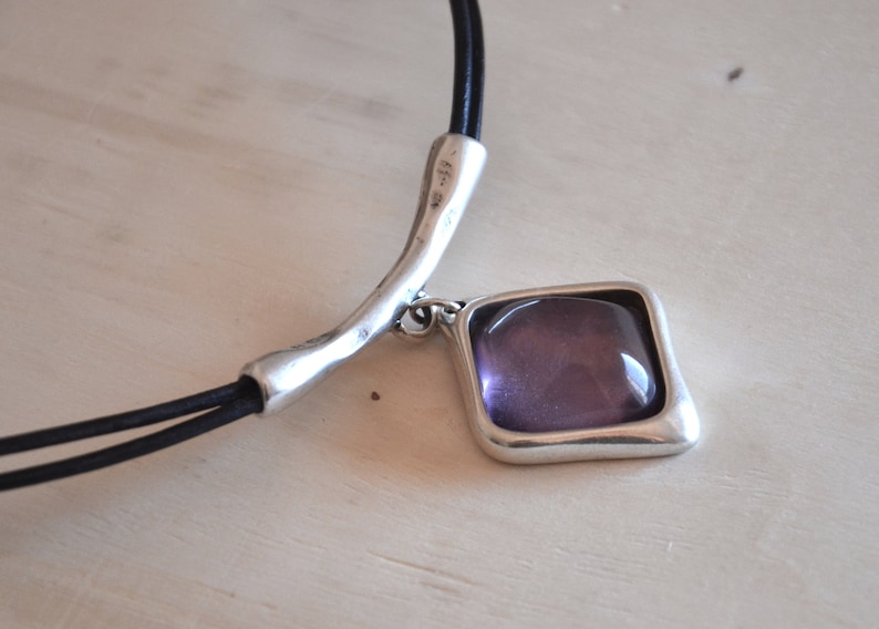 Short leather cord necklace-europe made thick silver filled zamak pendant,square violet resin pendant necklace,vintage leather necklace