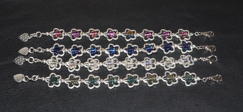 Flower chain bracelet-heart charm bracelet-fancy glass pentagram bracelet-blue green transparent fuchsia star bracelet-adjustable bracelet zdjęcie 6