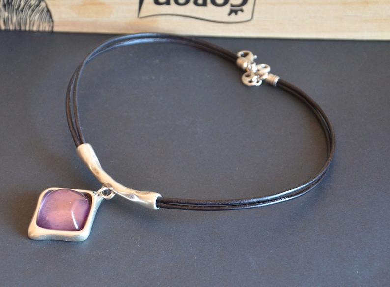 Short leather cord necklace-europe made thick silver filled zamak pendant,square violet resin pendant necklace,vintage leather necklace
