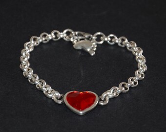 Rotes Swarovski Herz Silber Armband, Vintage Kettenarmband
