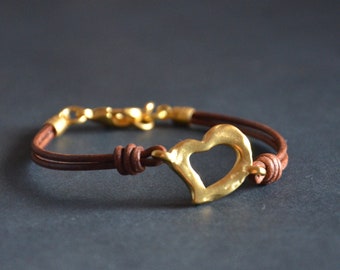 gold heart connector bracelet-gold filled zamak heart bracelet-valentine bracelet-women leather bracelet-vintage leather bracelet women