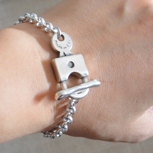 Thick silver filled chain bracelet,ancient silver color bracelet-lock connector chain bracelet-lock clousure bracelet-zamak chain bracelet