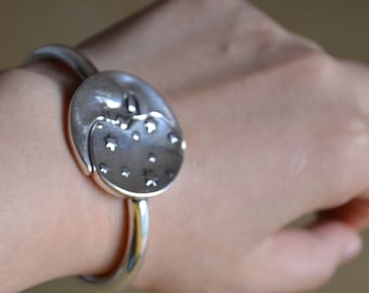 Thick silver filled bangle, uno de 50 style bangle, unique style Spring bangle with moon and star elements, satr hug moon bangle.