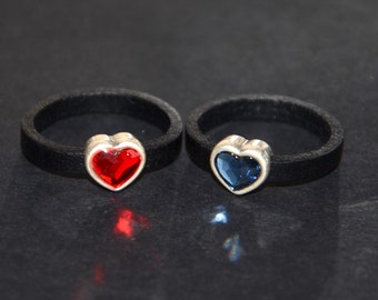 leather cord ring-hand made ring-Swarovski heart ring-silvering Zamak ring-blue heart Swarovski leather ringed heart Swarovski leather ring