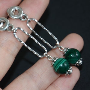 thick silver plated earrings-natural malachite drop earrings-geometric silver pieces  pierced earrings-long drop earrings-green earrings