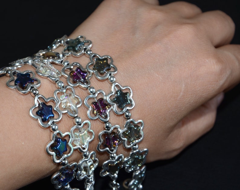 Flower chain bracelet-heart charm bracelet-fancy glass pentagram bracelet-blue green transparent fuchsia star bracelet-adjustable bracelet zdjęcie 2
