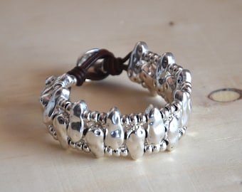 Leather Zamak Bracelet: Silver Irregular Beads, Button Closure