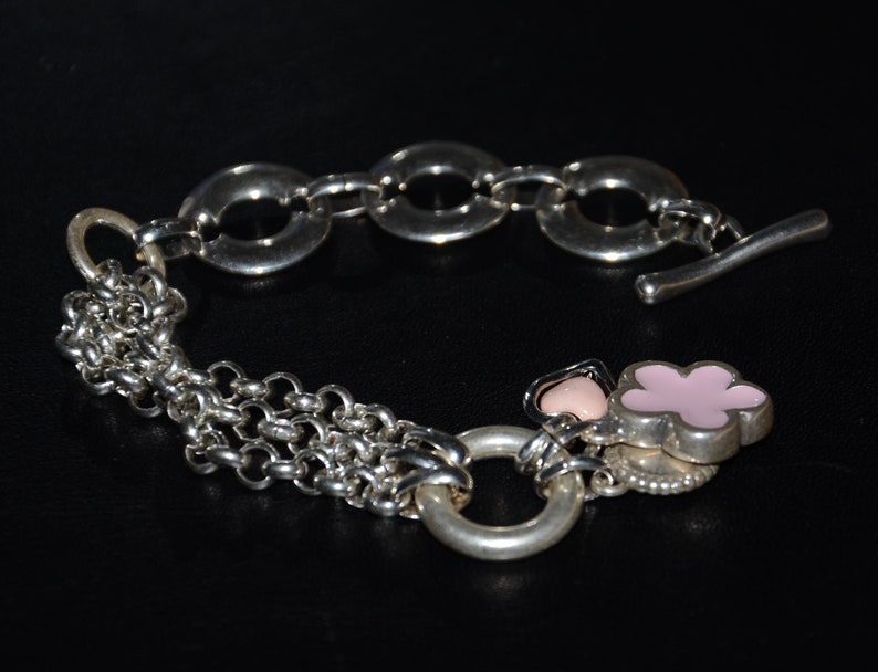 Chain bracelet-thick silver plated Zamak flower heart charm bracelet-red and black pink blue flower charm bracelet image 8