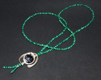 Malachite Long Necklace, Silver Plated Circle Pendant, Tiger Stone