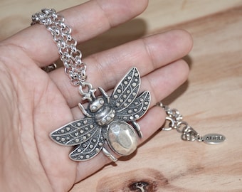 Silver Bee Pendant Necklace - Short Chain Insect Jewelry