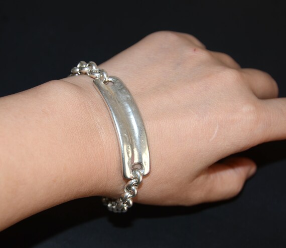 Bracelet Chaîne En Argent Sterling Avec Plaques Plates - Bijou Vintage Occasion