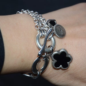 Chain bracelet-thick silver plated Zamak flower heart charm bracelet-red and black pink blue flower charm bracelet image 2