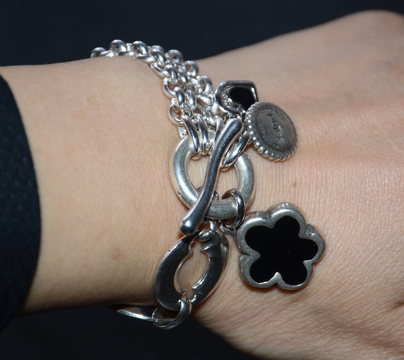 Chain bracelet-thick silver plated Zamak flower heart charm bracelet-red and black pink blue flower charm bracelet image 2