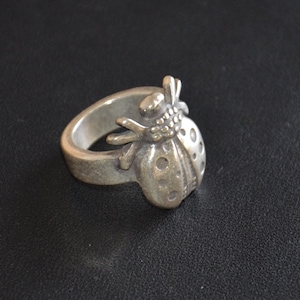May include: A silver-toned ring featuring a detailed ladybug design. The ring has a wide band and the ladybug has a textured body with small circular details. The ladybug's head and antennae are also visible.