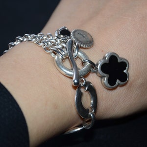 Chain bracelet-thick silver plated Zamak flower heart charm bracelet-red and black pink blue flower charm bracelet zdjęcie 5
