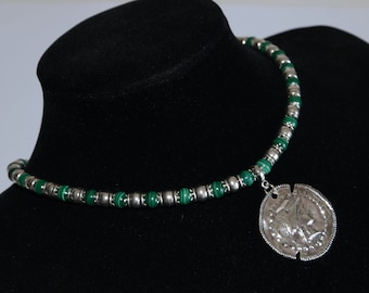 Malachite Beaded Necklace with Silver Plated Pendant