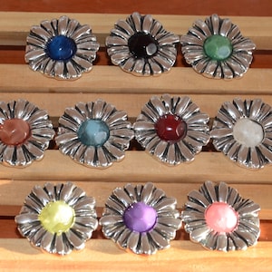 May include: Ten silver daisy-shaped charms with different colored glass cabochons in the center. The colors include blue, black, green, red, white, light blue, yellow, purple, and pink.