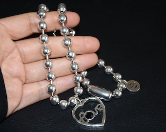 Thick silver plated ball chain necklace- Swarovski heart pendant necklace-Otro accesorio necklace-Spain made short necklace