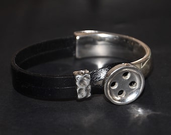 Leather Button Bracelet, Silver Plated Zamak Clasp