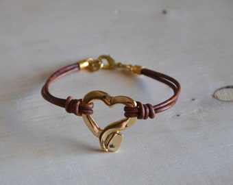 Gold Heart Leather Bracelet - Vintage Lover Bracelet