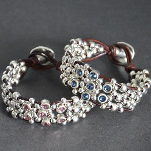 Pulsera de cuero para mujer, pulsera Swarovski, pulsera de plata, pulsera estilo Uno de 50, pulsera Swarovski rosa, pulsera con cierre de botón