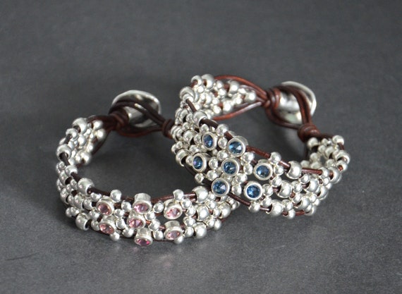 Leather Swarovski Bracelet, Silver Zamak Beads, Button Clasp