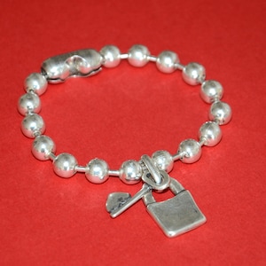 Thick silver plated  beads chain bracelet-lock charm bracelet-key charm bracelet-stylish bracelet-unique bracelet-uno de 50 style bracelet