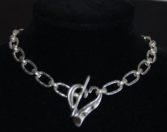 Chunky Silver Chain Necklace, Irregular Heart Clasp