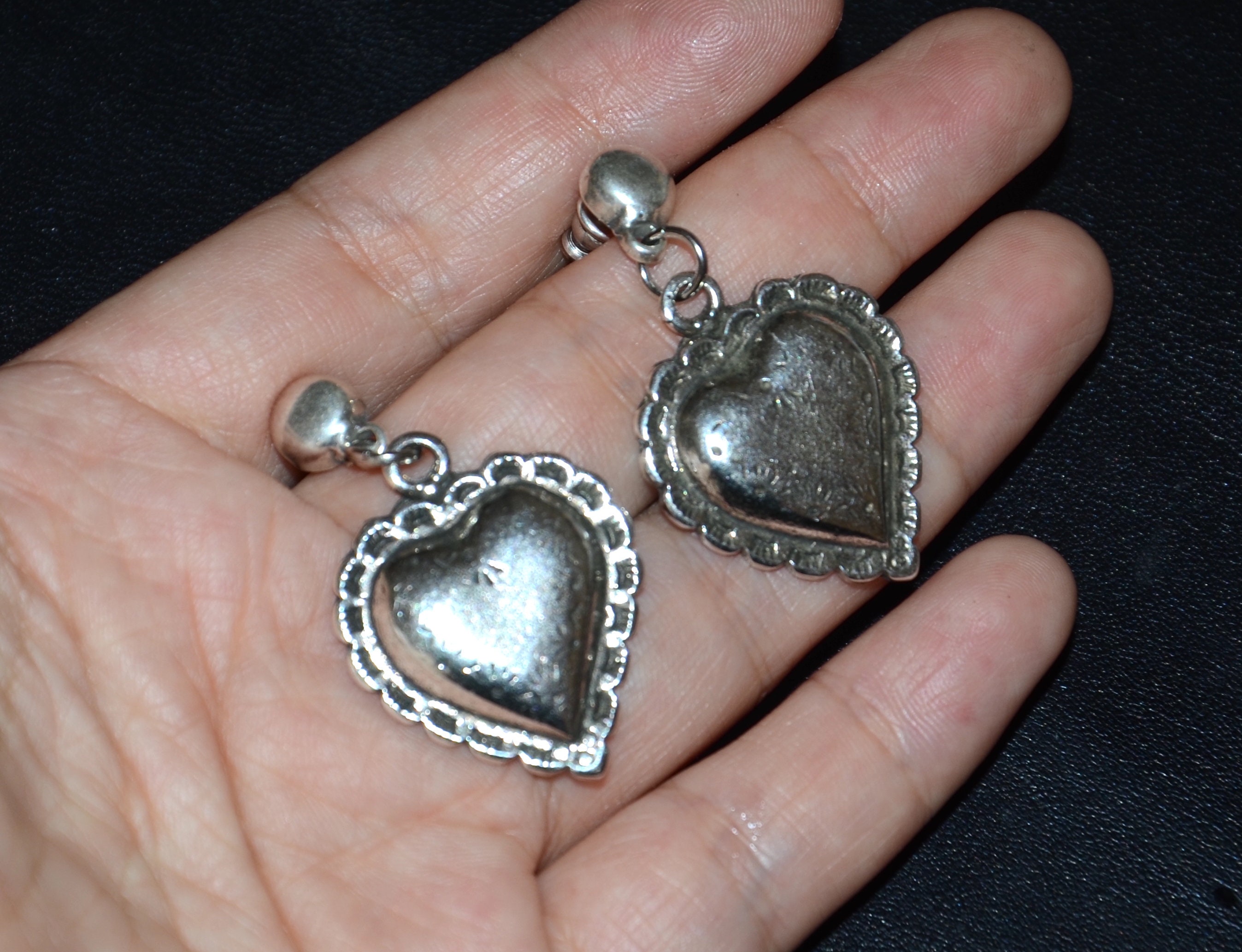 Thick Silver Plated Zamak Earrings, Vintage Style With Heart