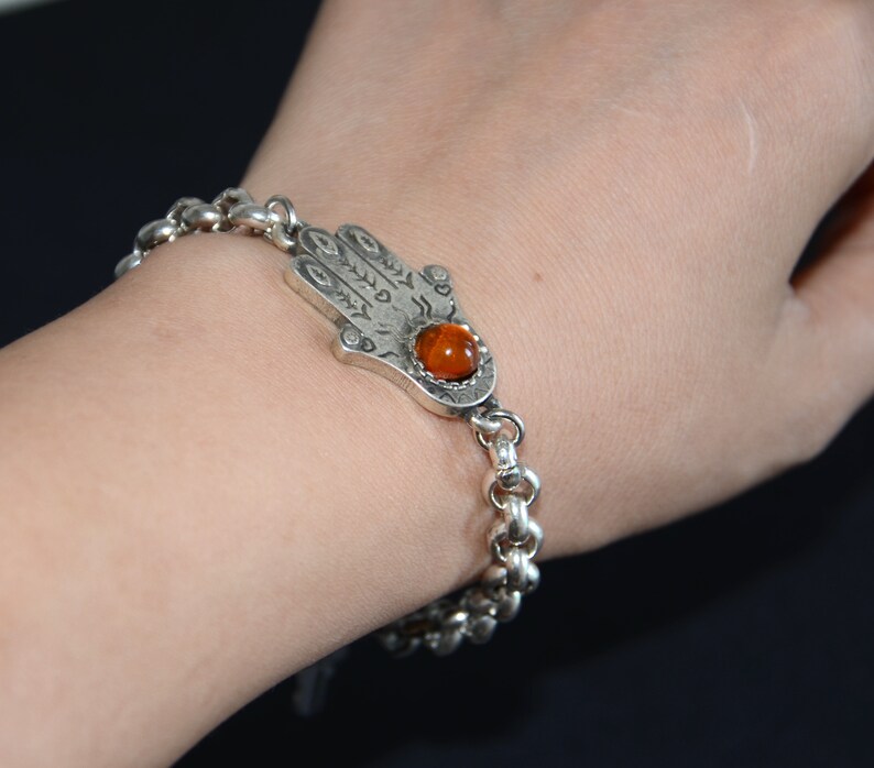 Thick silver filled chain bracelet orange resin inserted Fatima hand connector bracelet-high quality Spain made Zamak chain bracelet zdjęcie 5