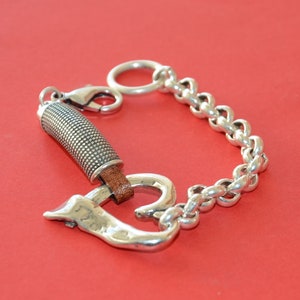 Bracelet de chaîne épais plaqué argent- tube sculpté avec bracelet de cordon en cuir-bracelet à cœur irrégulier argenté-bracelet de style uno de 50