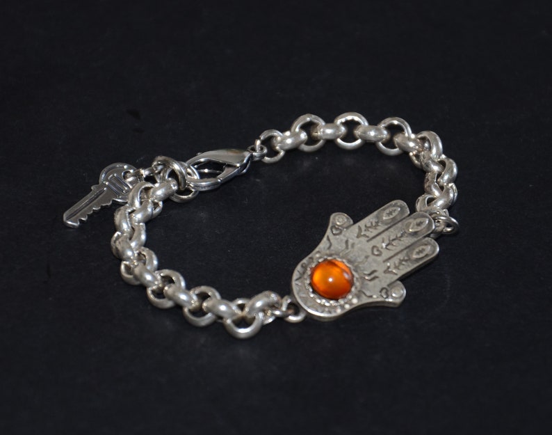 Thick silver filled chain bracelet orange resin inserted Fatima hand connector bracelet-high quality Spain made Zamak chain bracelet zdjęcie 1