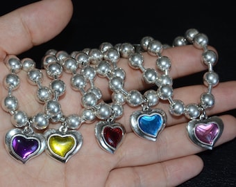 Thick silver filled chain bracelet, very good quality bracelet, crystal heart charm bracelet, 8mm beads chain lovely bracelet, silver heart