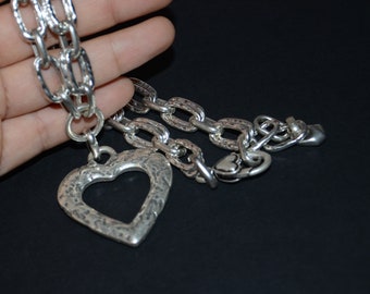 A silver filled chain necklace-heart pendant necklace-stylish big chain necklace-heart shape pendant necklace-vintage big chain necklace