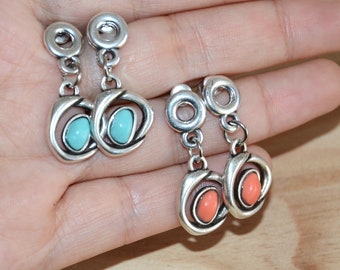 Thick silver plated zamak pierced  earrings-coral pendant bracelet-turquoise pendant drop earrings-uno no de 50 style earrings