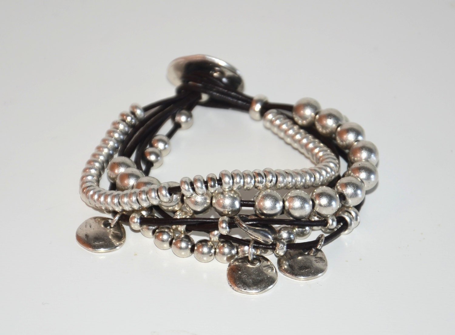 Women leather bracelet zamak beads bracelet silver color | Etsy