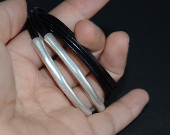 Unisex Leather Bracelet with Silver Plated Tube